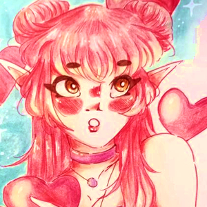 illustration du visage d'une d'une jeune femme au cheveux rouge sur un fond bleu claire avec les coeur autour d'elle